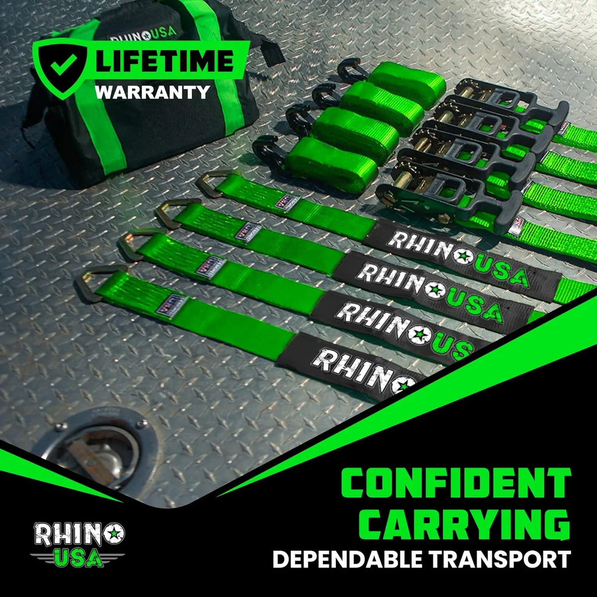 Rhino USA Car Tie-Down Straps With J Hooks, 4-Pack, 2 Inch x 8 Feet, Black - HDKIT-P 2IN-HDKIT
