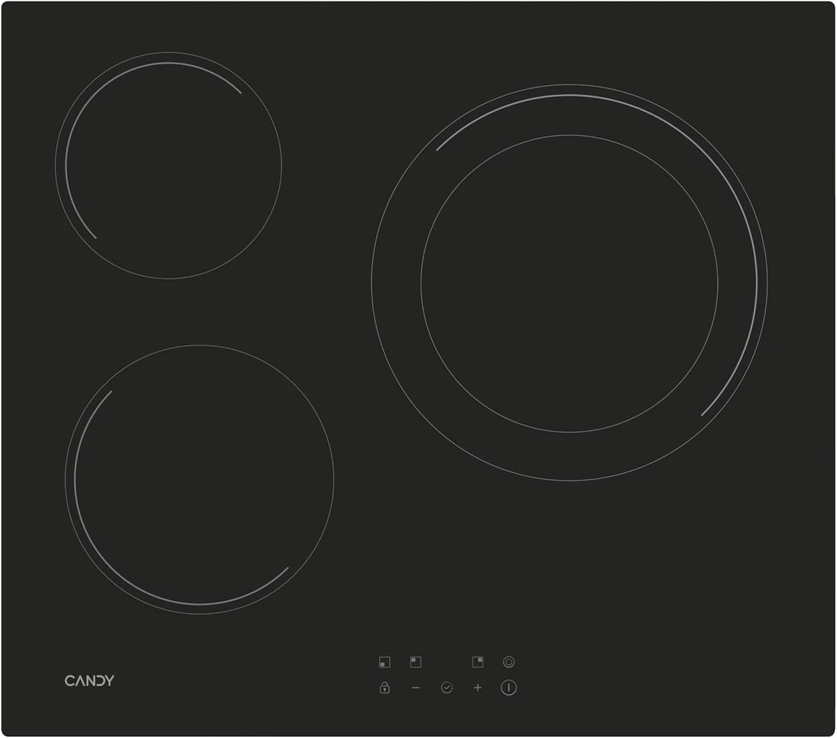 Candy Ceramic Hob 60 cm, 3 Cooking Zones, Double 30 cm Zone, Black - CH63DCC
