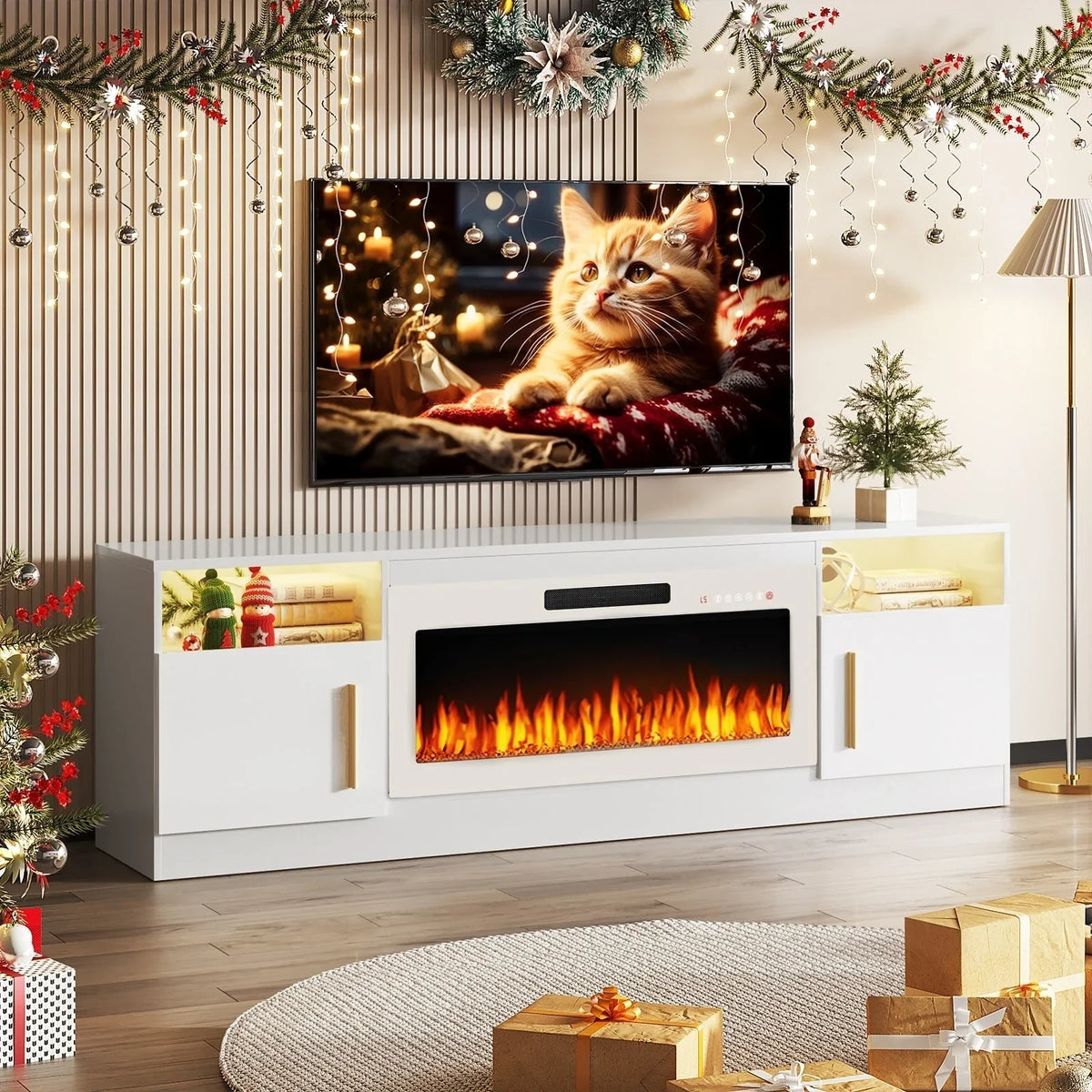 Bossin 70 Fireplace TV Stand With 36 Electric Fireplace For TVs Up To 80 - 16-Color LED Lights