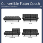 Memory Foam Futon Sofa Bed With Adjustable Armrests And Backrest - Gray