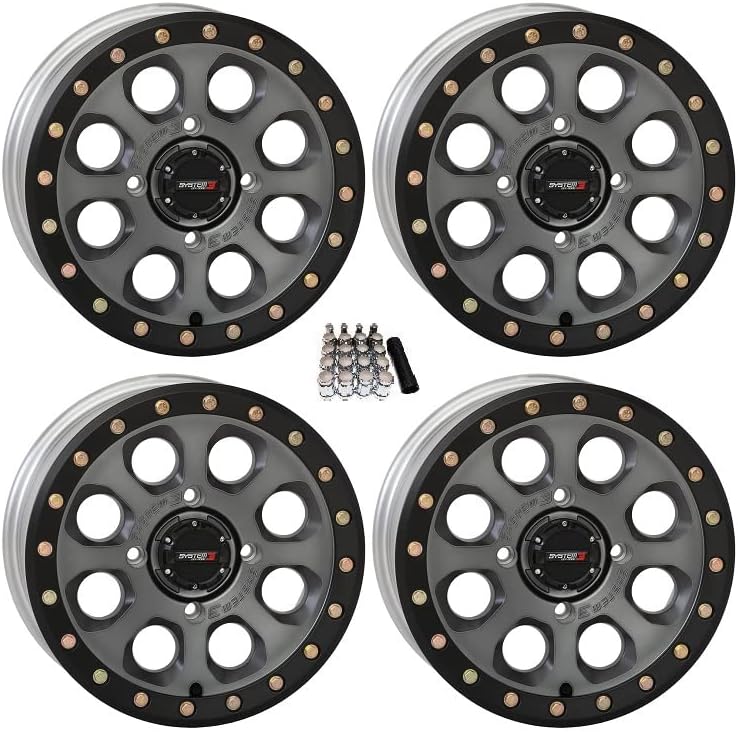 System 3 SB-7 Beadlock ATV/UTV Wheels 15x7 Titanium 4 Pack With Gorilla Lug Kit - 15S3-7656