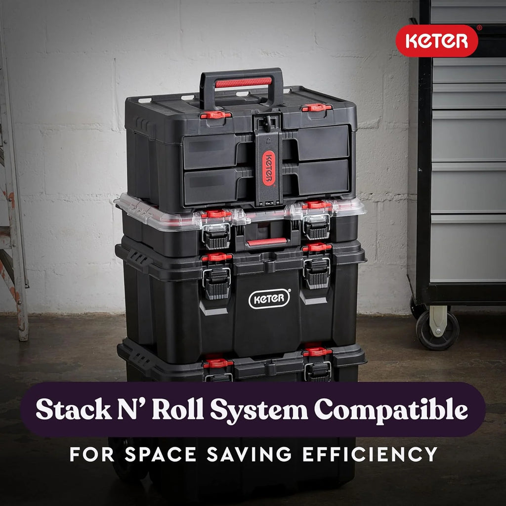 Keter Rolling Tool Box System, 3 Piece, Black/Red - 3 Piece Resin Modular Toolbox System