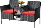 Flamaker Outdoor Wicker Patio Loveseat With Built-In Table And Cushions, Beige - 49.2 x 21.3 x 30.9 in