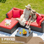 Devoko 5-Piece Outdoor Sectional Patio Sofa Set With Cushions And Glass Table - Beige