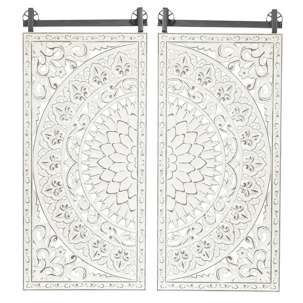 Set Of 2 Distressed Ivory White Wood Flower Wall Art With Black Accents - 33.1in H x 14.6in W