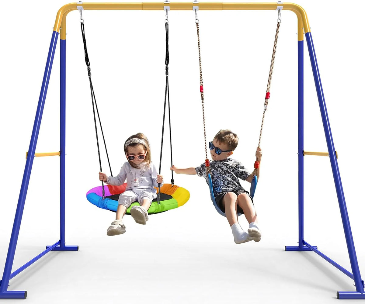 Outdoor A-Frame Swing Set, 2 Seats, 440 lbs, Blue - 56.7 in D x 83.5 in W x 70 in H