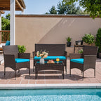 4-Piece Outdoor Patio Furniture Set With Rattan Wicker Chairs, Loveseat And Glass-Top Table