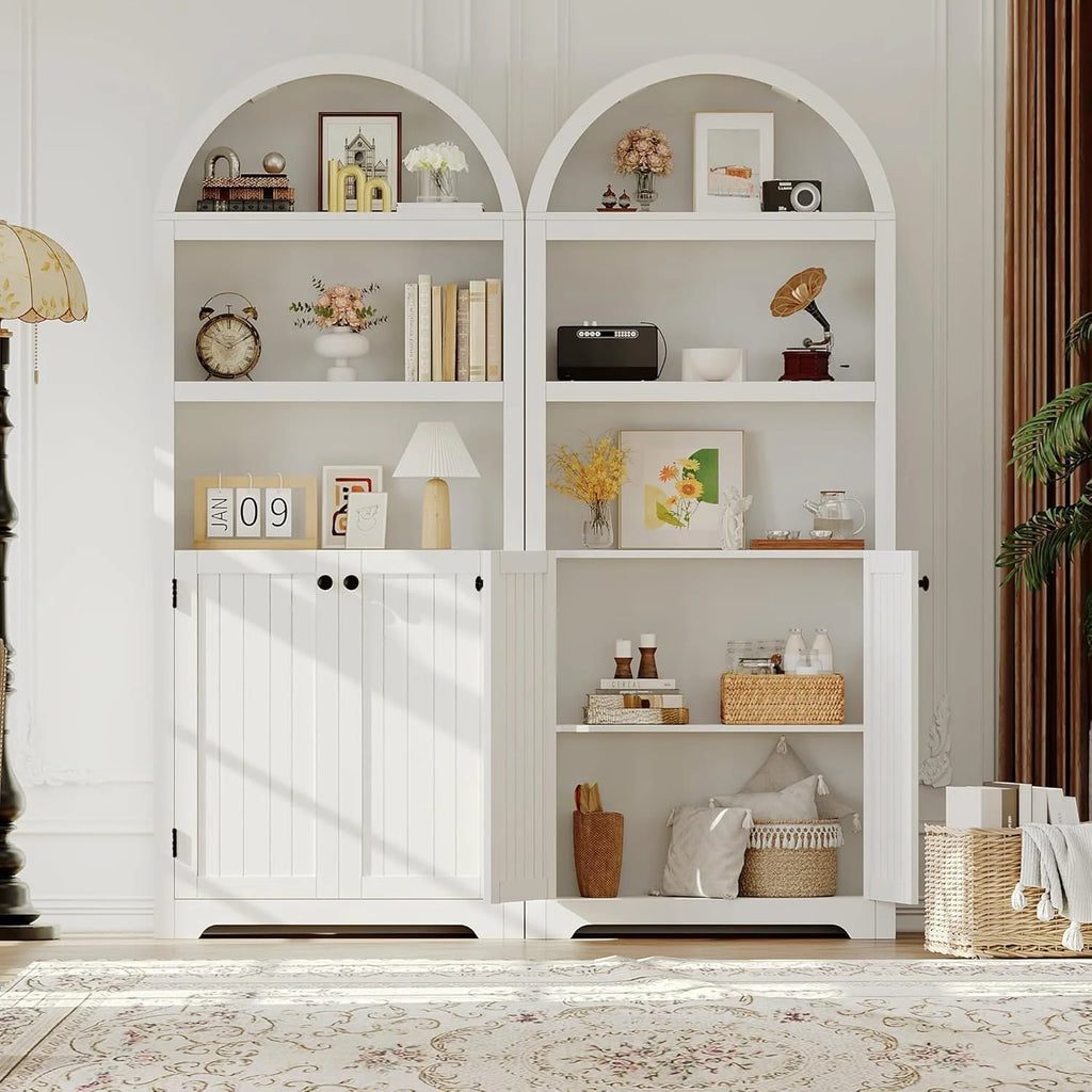 72in Tall Farmhouse 5-Tier Arched Bookcase With Double Doors And Adjustable Shelf