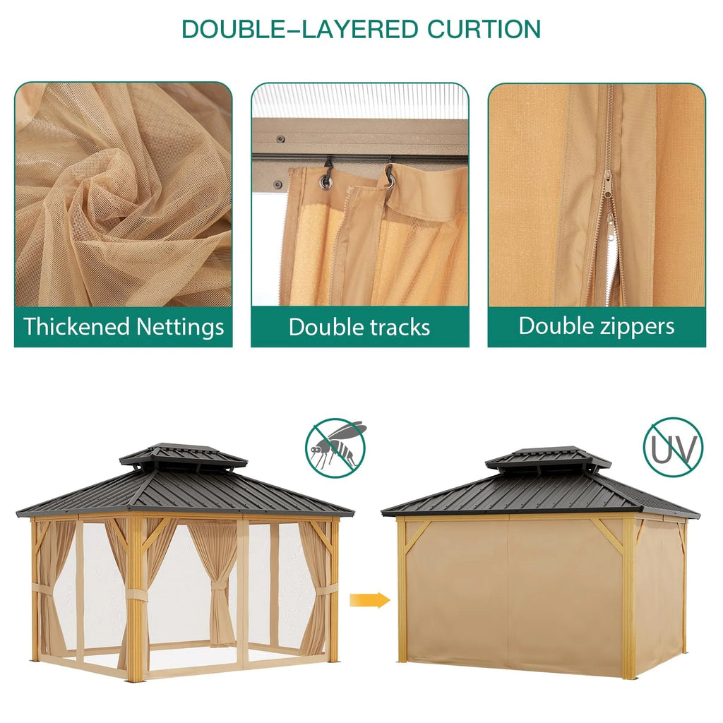 10X13 FT Outdoor Galvanised Steel Hardtop Gazebo With Netting And Sunshade Curtains, Khaki