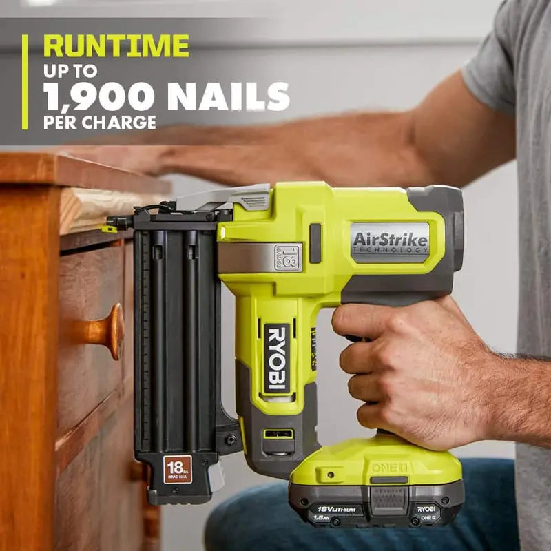 RYOBI ONE+ 18V 18-Gauge Cordless AirStrike Brad Nailer With 1.5 Ah Battery And Charger - P321KN