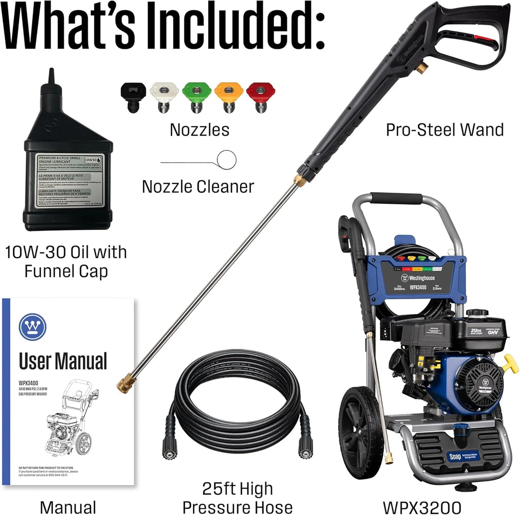 Westinghouse Gas Pressure Washer 3400 PSI, 2.6 Max GPM, 25 Feet Hose, 5 Nozzle Set - WPX3400