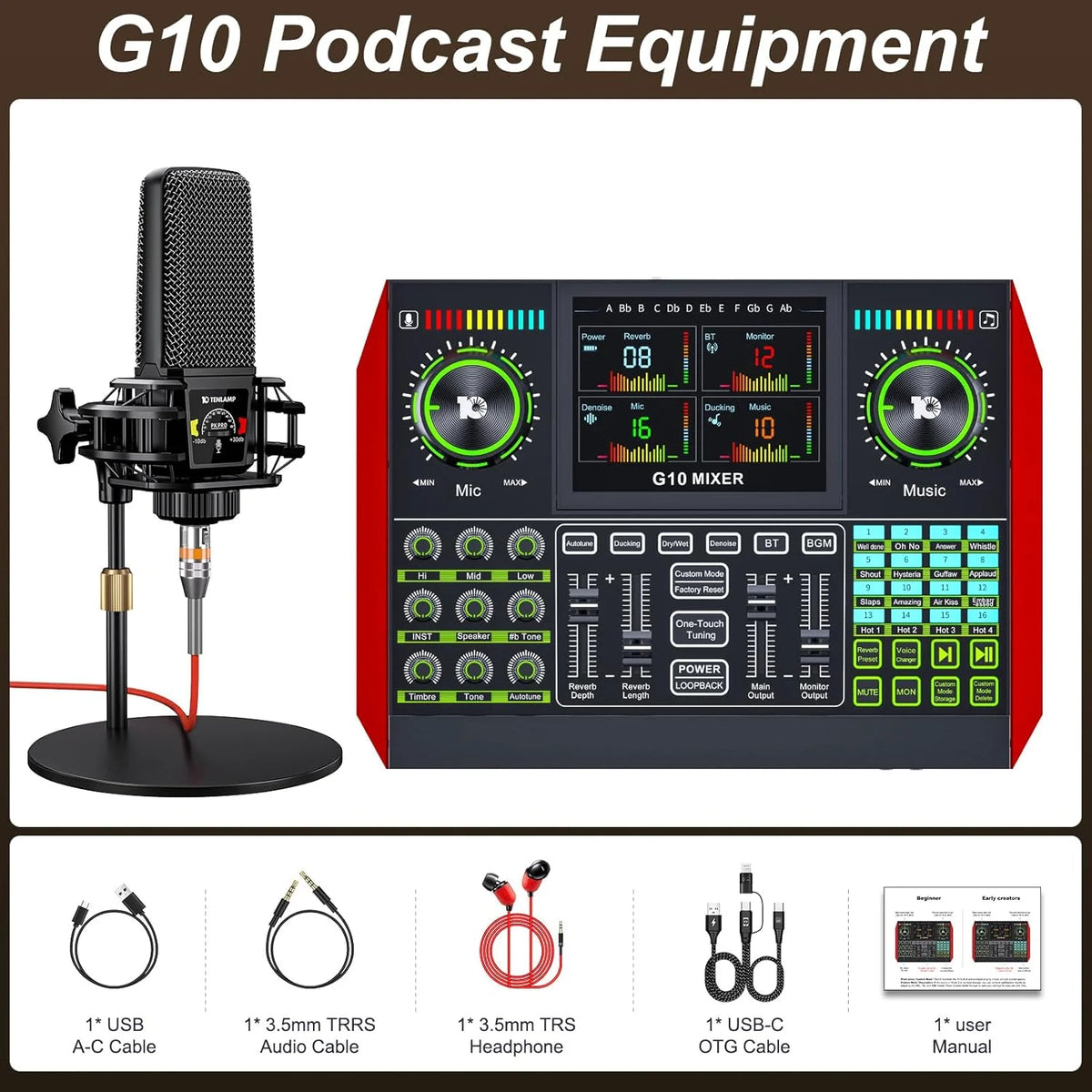 Podcast Equipment Bundle With 3.5mm Condenser Microphone And Live Sound Card - G10-PKPRO