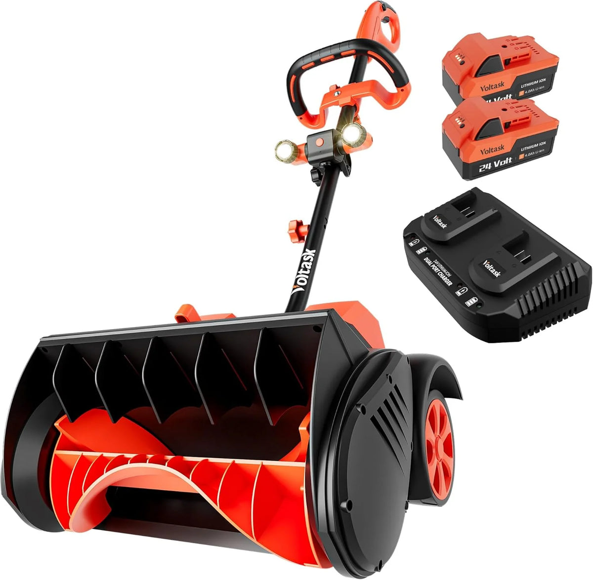 Voltask Cordless Snow Shovel With Wheels, 48V 16-Inch 4-Ah - Orange And Black