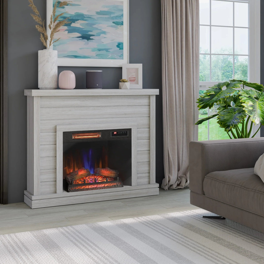 Shiplap Wall-Mounted Electric Fireplace Mantel, 52 inch, 28 Inch Insert, 3D Flame Effect