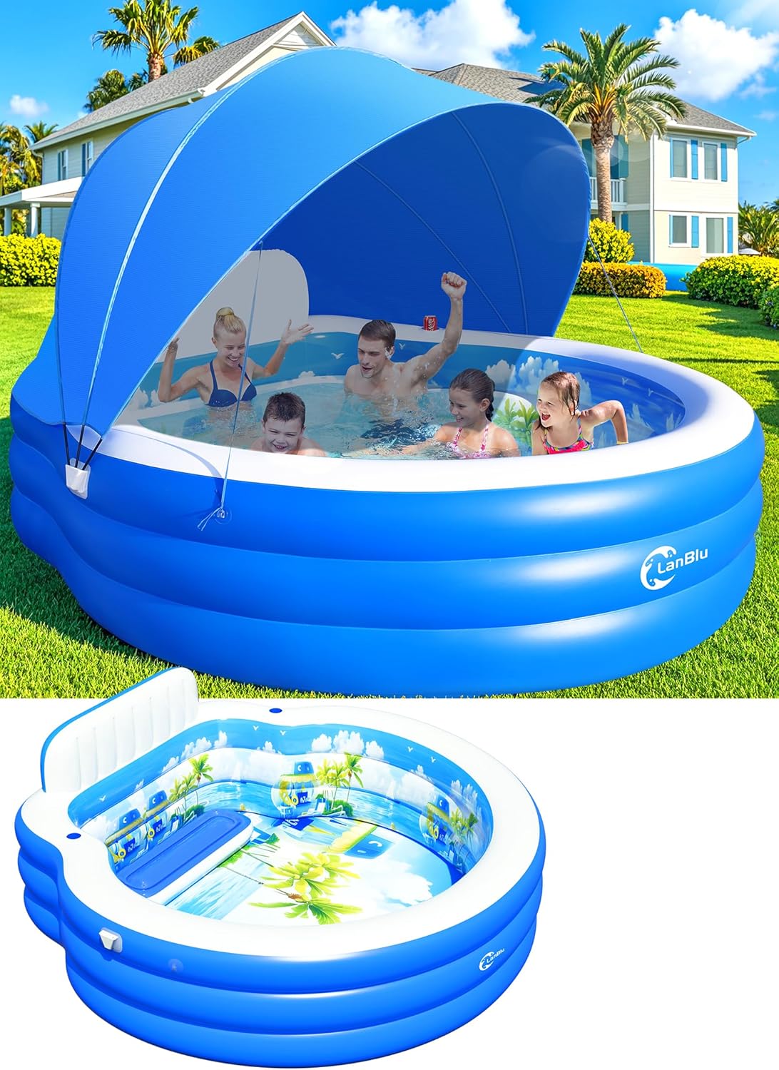Inflatable Family Lounge Pool With Canopy, Bench And Backrest, 92in x 92in x 26in - Blue