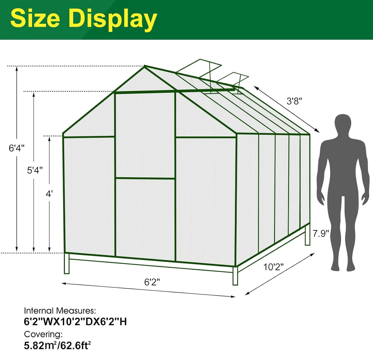 6'x10' Walk-In Greenhouse With 4mm 800G Polycarbonate Panels And Aluminum Frame - Green