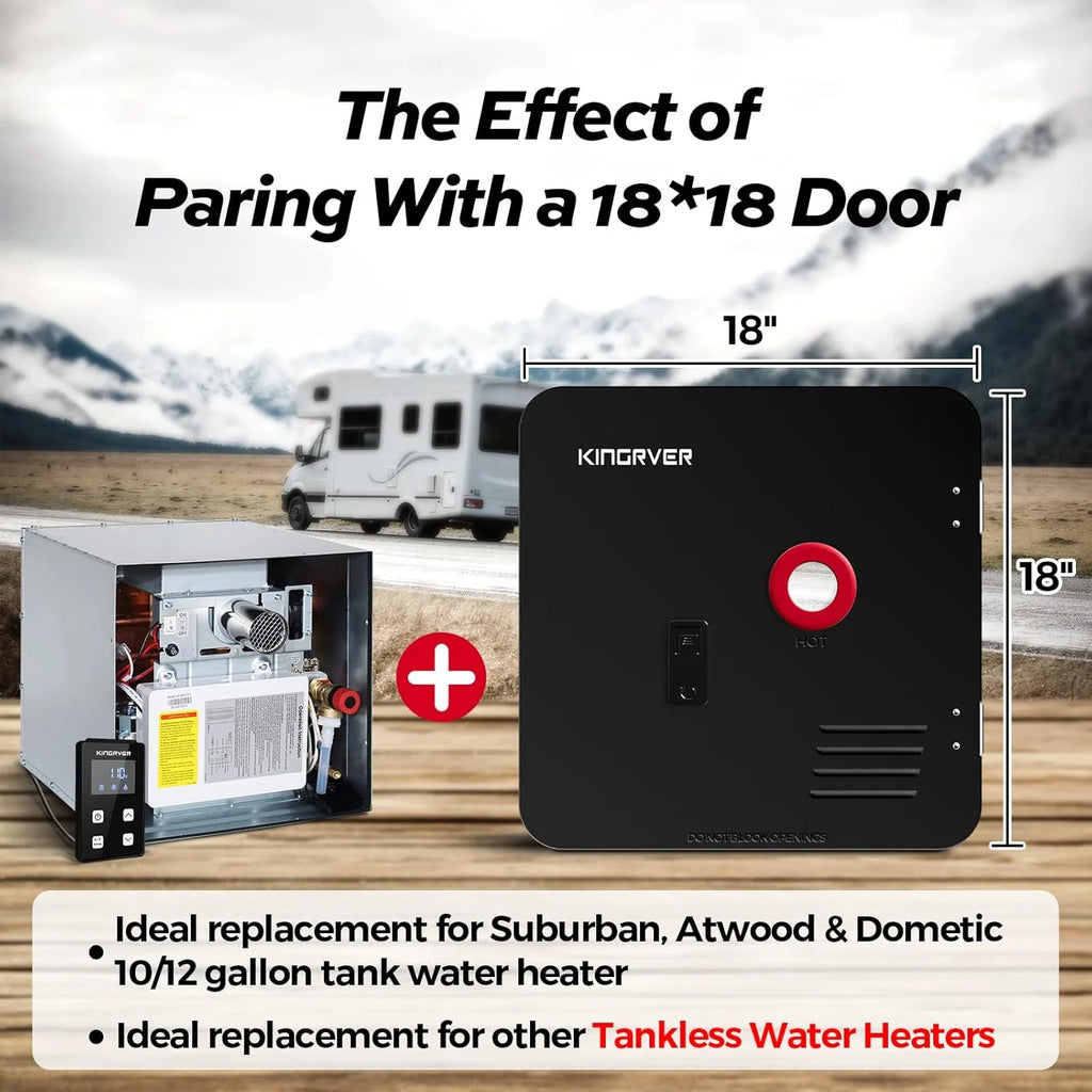 KINGRVER RV Tankless Propane Water Heater, DC 12V, 65,000 BTU, Without Door - 12.7in x 12.7in