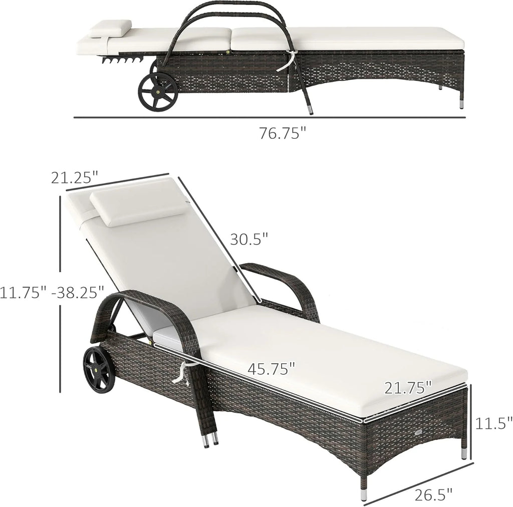 Outsunny PE Rattan Outdoor Chaise Lounge Chair With Wheels, Cushion And Headrest, Brown And Dark Blue - 5-Level Adjustable Backrest