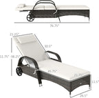Outsunny PE Rattan Outdoor Chaise Lounge Chair With Wheels, Cushion And Headrest, Brown And Dark Blue - 5-Level Adjustable Backrest