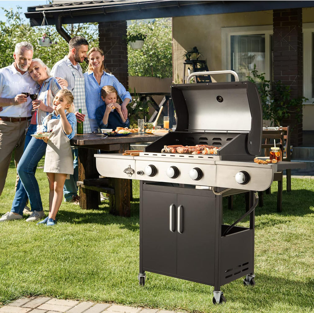 4-Burner Propane Gas Grill With Cast Iron Grates, Side Stove And 44,000 BTU Stainless Steel Burners