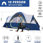 unp 10-Person Camping Tent, 18ft x 9ft x 78in, 2 Rooms, 5 Mesh Windows