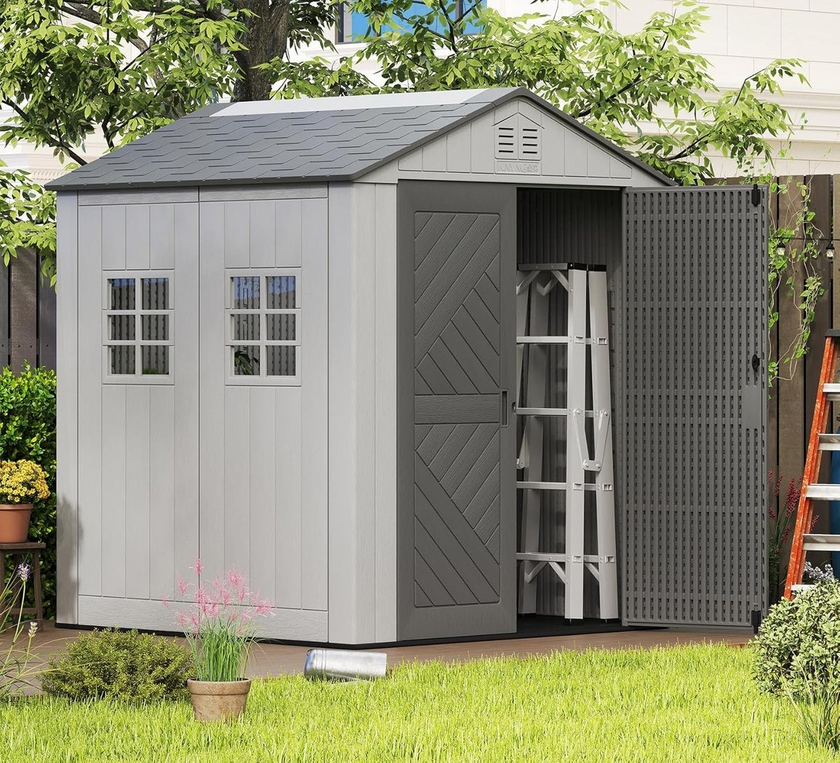 HOMSPARK Outdoor Resin Storage Shed 6x6 Ft With Floor And Windows - Grey