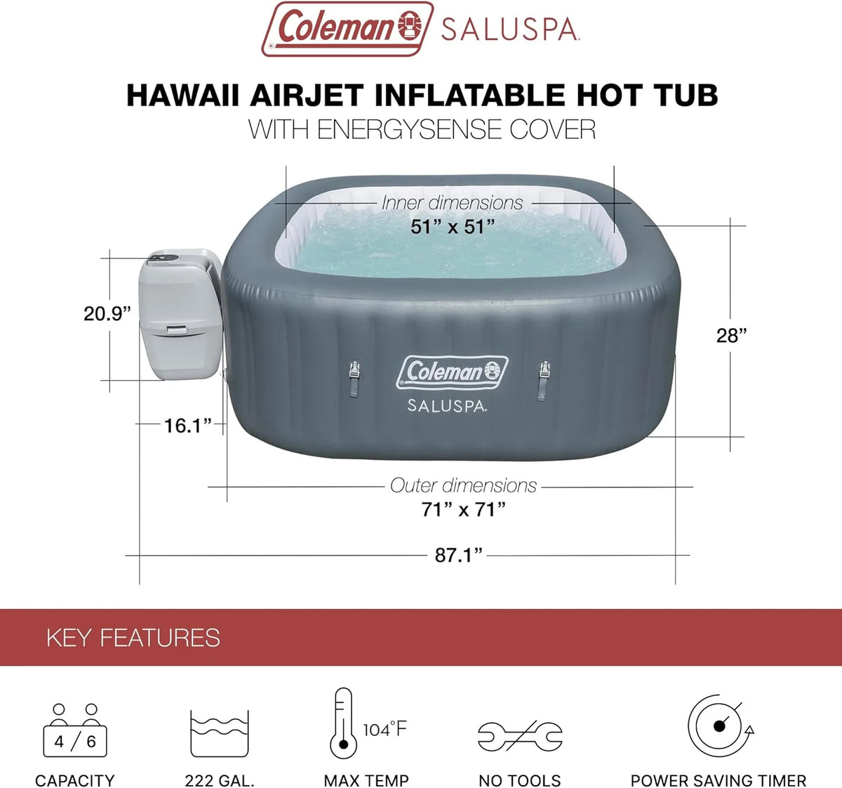 Coleman SaluSpa Inflatable Hot Tub, 71 x 71 x 28 Inches, 114 AirJets - 15442