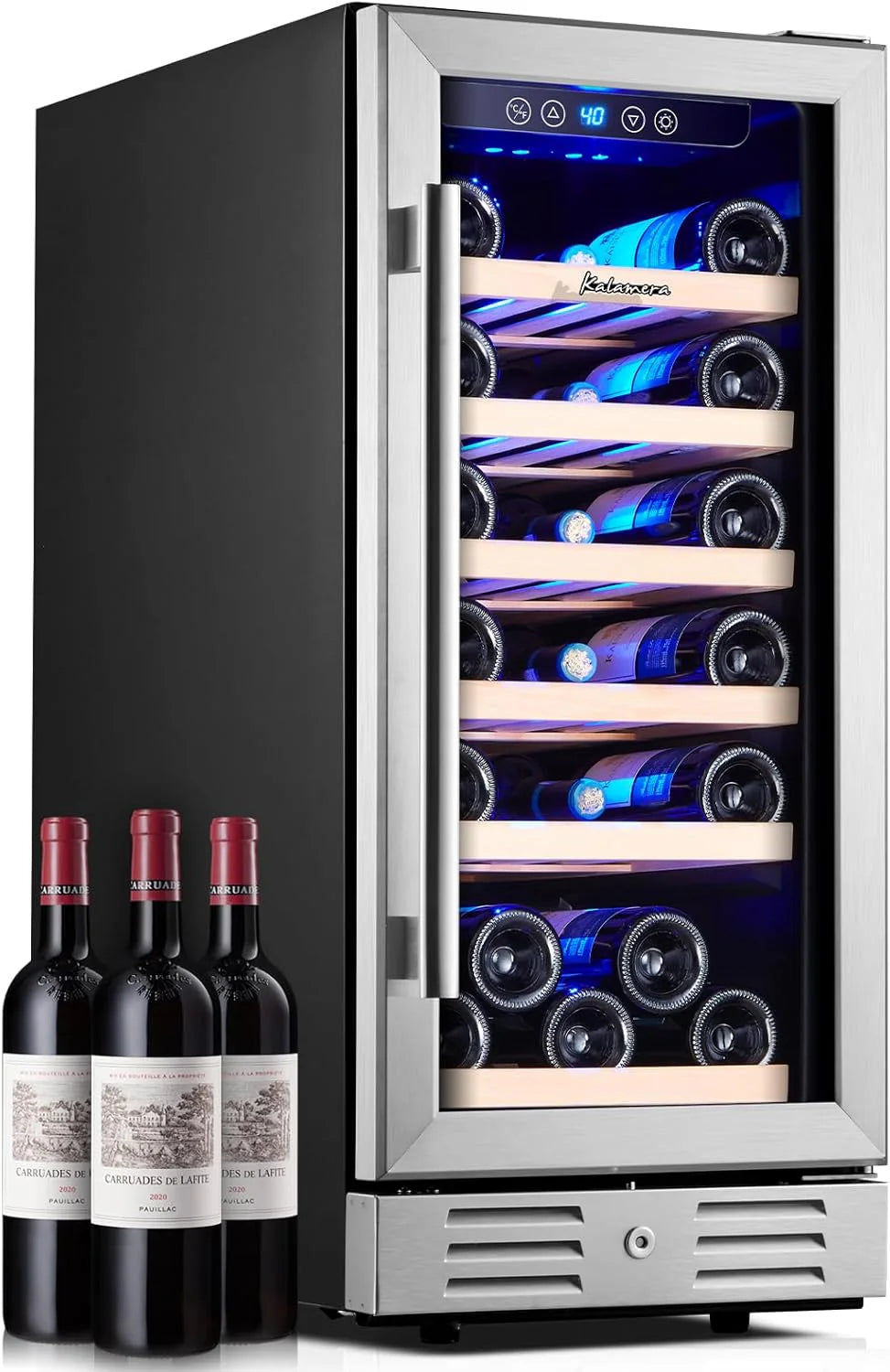 24 Inch Dual Zone Wine Cooler, 46 Bottle, Stainless Steel Reversible Glass Door
