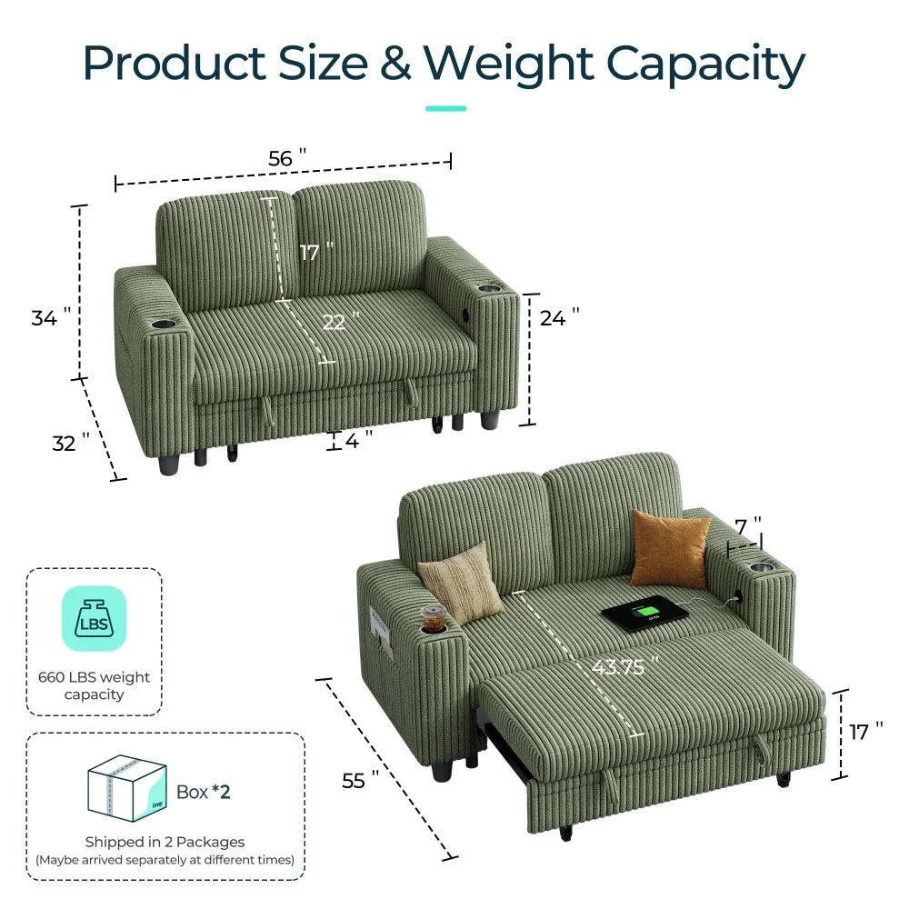 LINSY HOME Pull-Out Chaise Loveseat Sofa, 56 inch, Dark Green - USB and Cup Holders