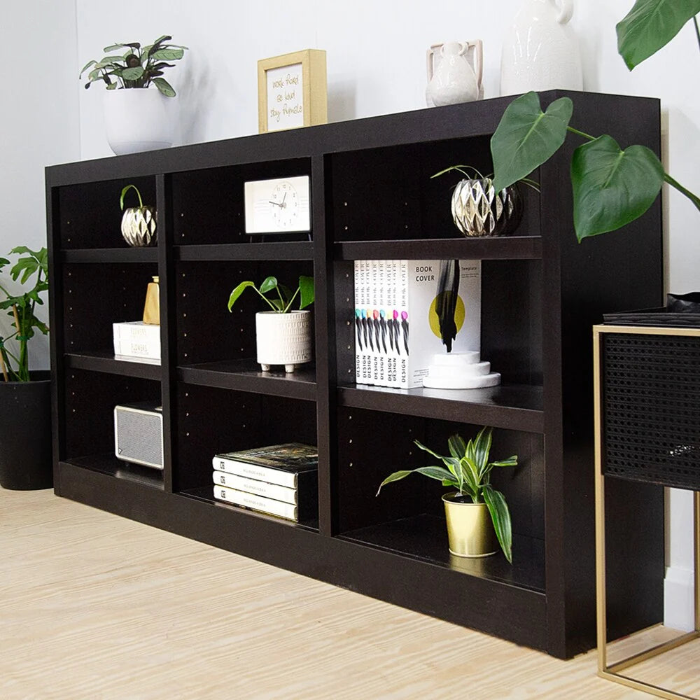 Triple Wide Wood Bookcase, 9 Shelf, 36 Inch Tall, 72 Inch Wide, 10.63 Inch Deep
