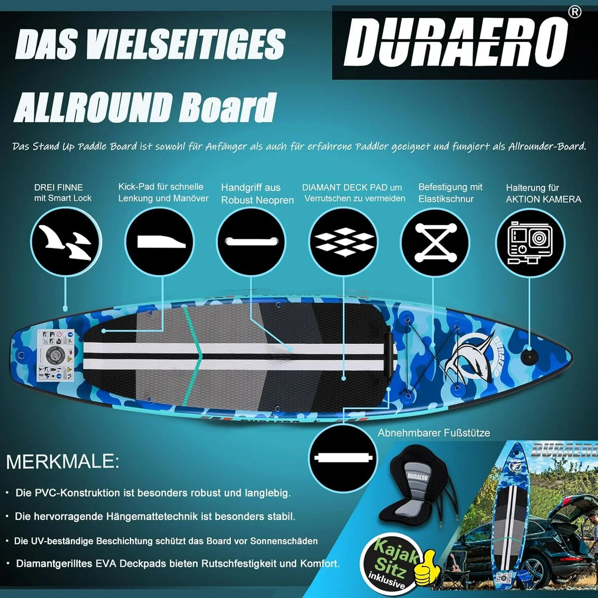 Inflatable Paddle Board With Kayak Seat, 330 x 76 x 15 cm, Up To 150 kg, Blue