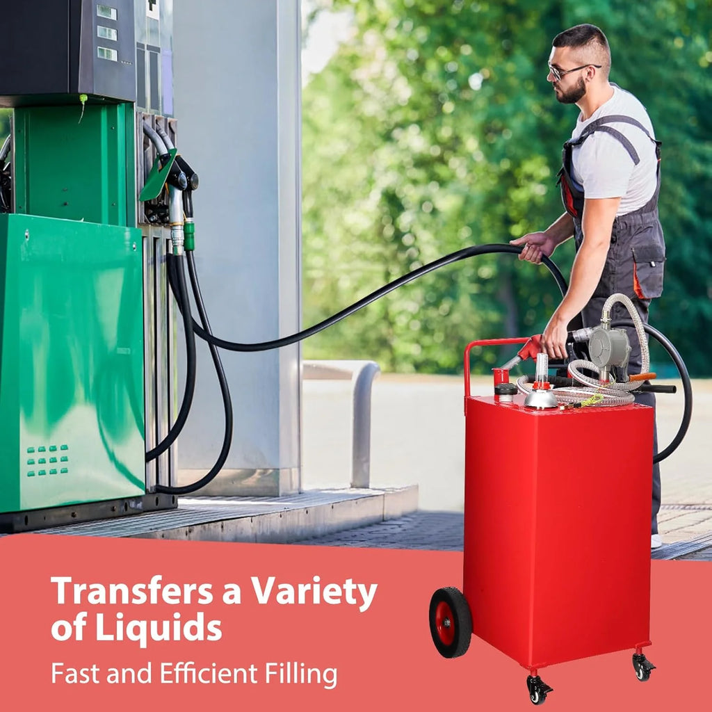 30 Gallon Stainless Steel Fuel Caddy With Manual Transfer Pump, 4-Wheel Design, Red
