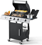 MELLCOM 4 Burner Propane Gas Grill With Cast Iron Grates And Side Stove, 44,000 BTU, Black - BBQ-4+1
