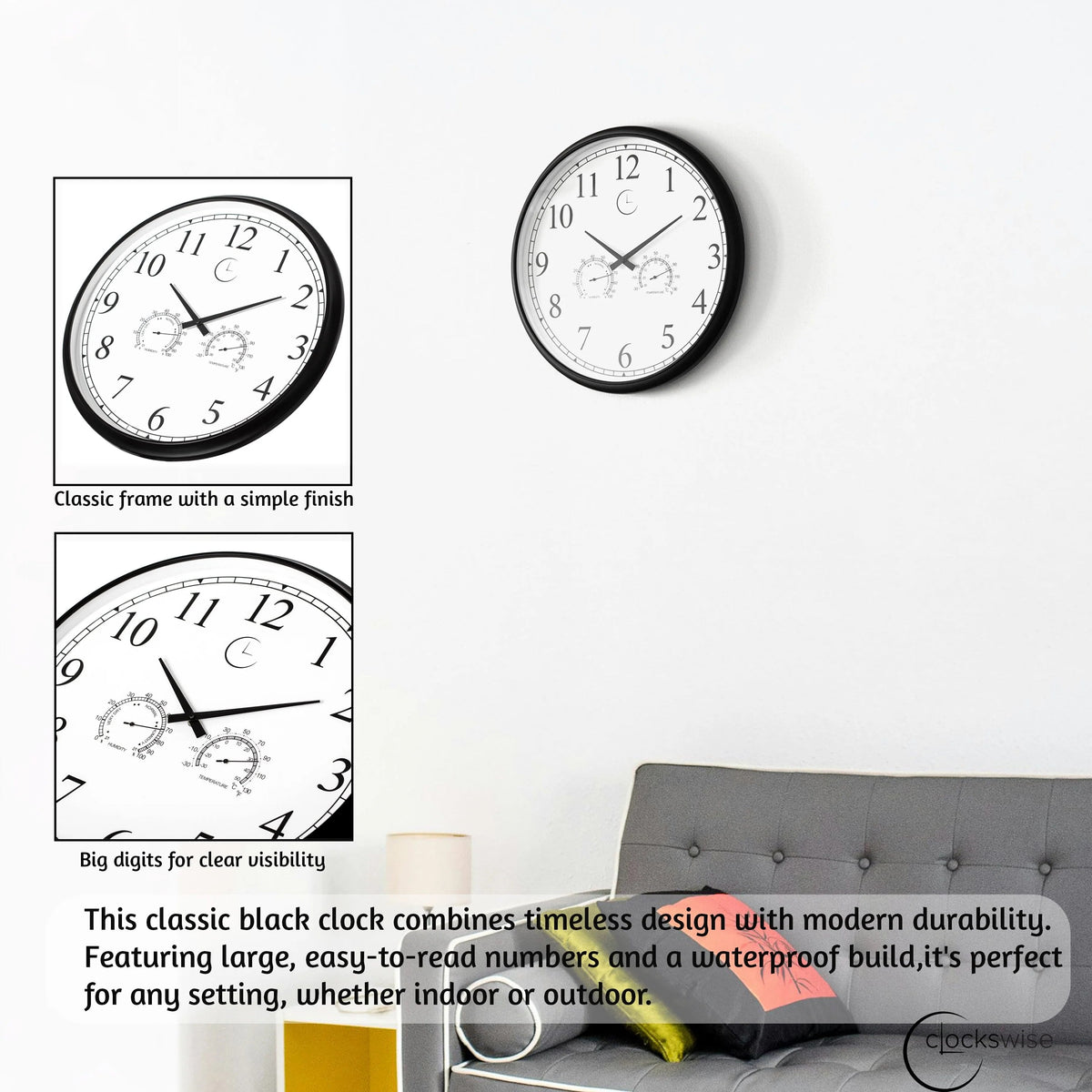 Outdoor Wall Clock With Thermometer And Hygrometer, 24-Inch, Black