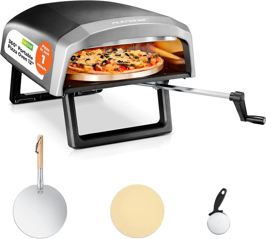 Outdoor Pizza Oven With 360-Degree Rotating Stone, 12-Inch, Black, Carbon Steel, 32.9 x 16.1 x 12.4 Inches