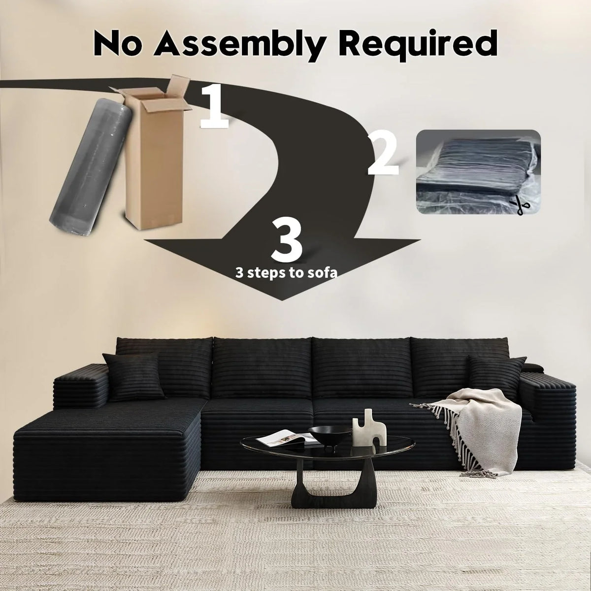 Settab Modular Sectional Sofa, 2 Seater Left-Facing Chaise, Black, 68.9 inch D x 107.5 inch W x 36.3 inch H