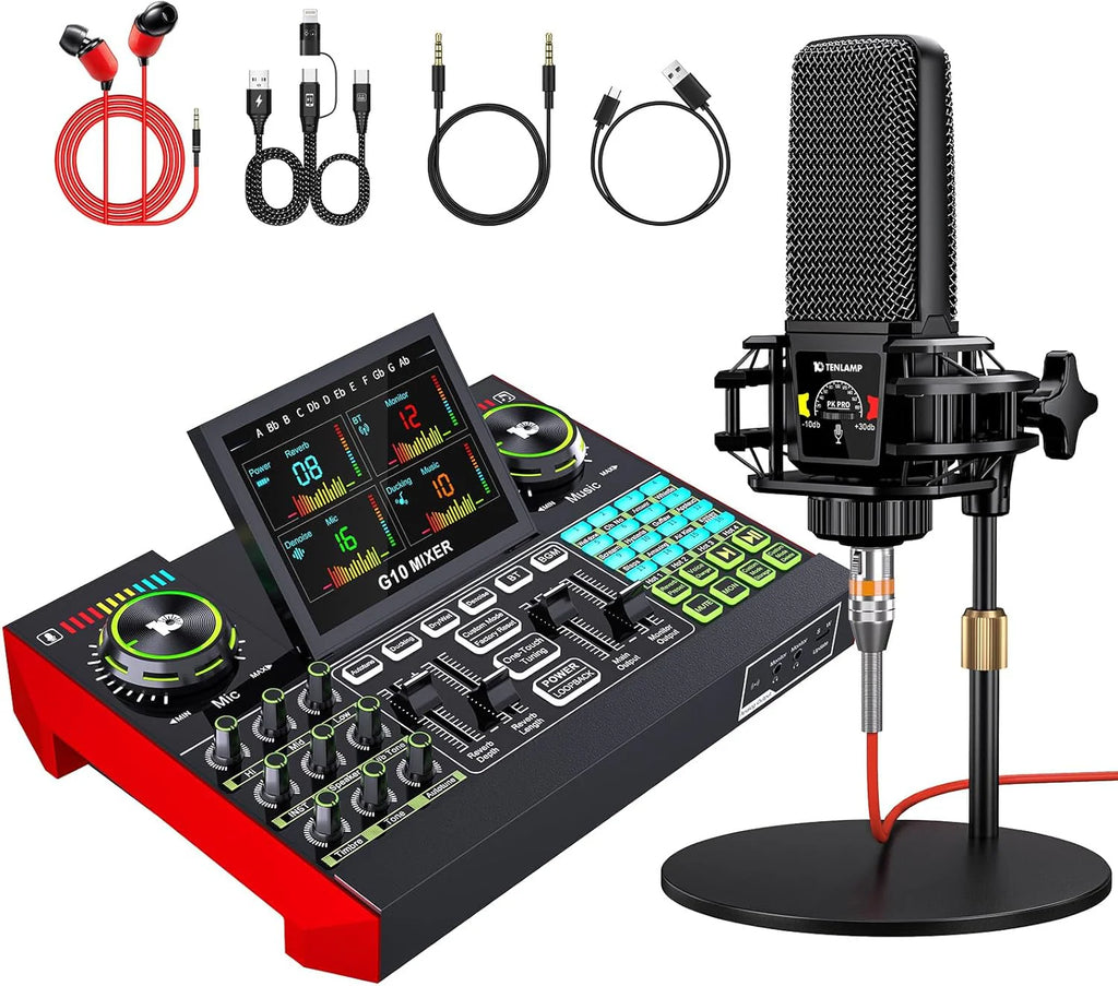 Podcast Equipment Bundle With 3.5mm Condenser Microphone And Live Sound Card - G10-PKPRO