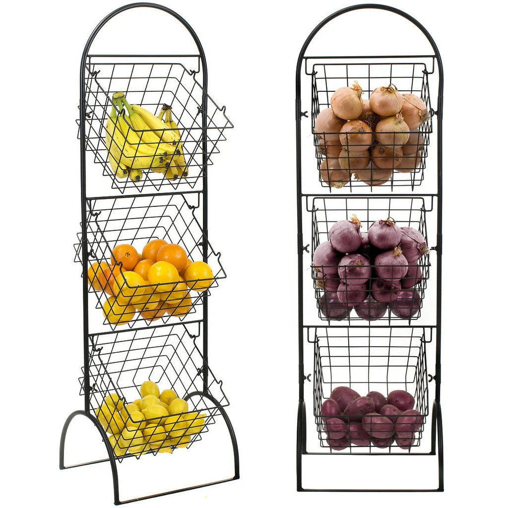 3-Tier Wall-Mounted Steel Storage Rack With Removable Baskets - Black