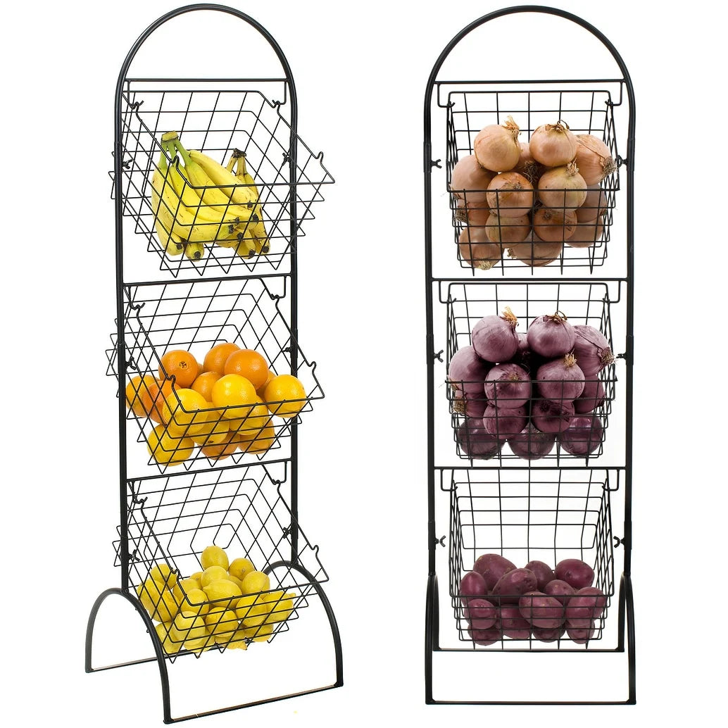 3-Tier Wall-Mounted Steel Storage Rack With Removable Baskets - Black