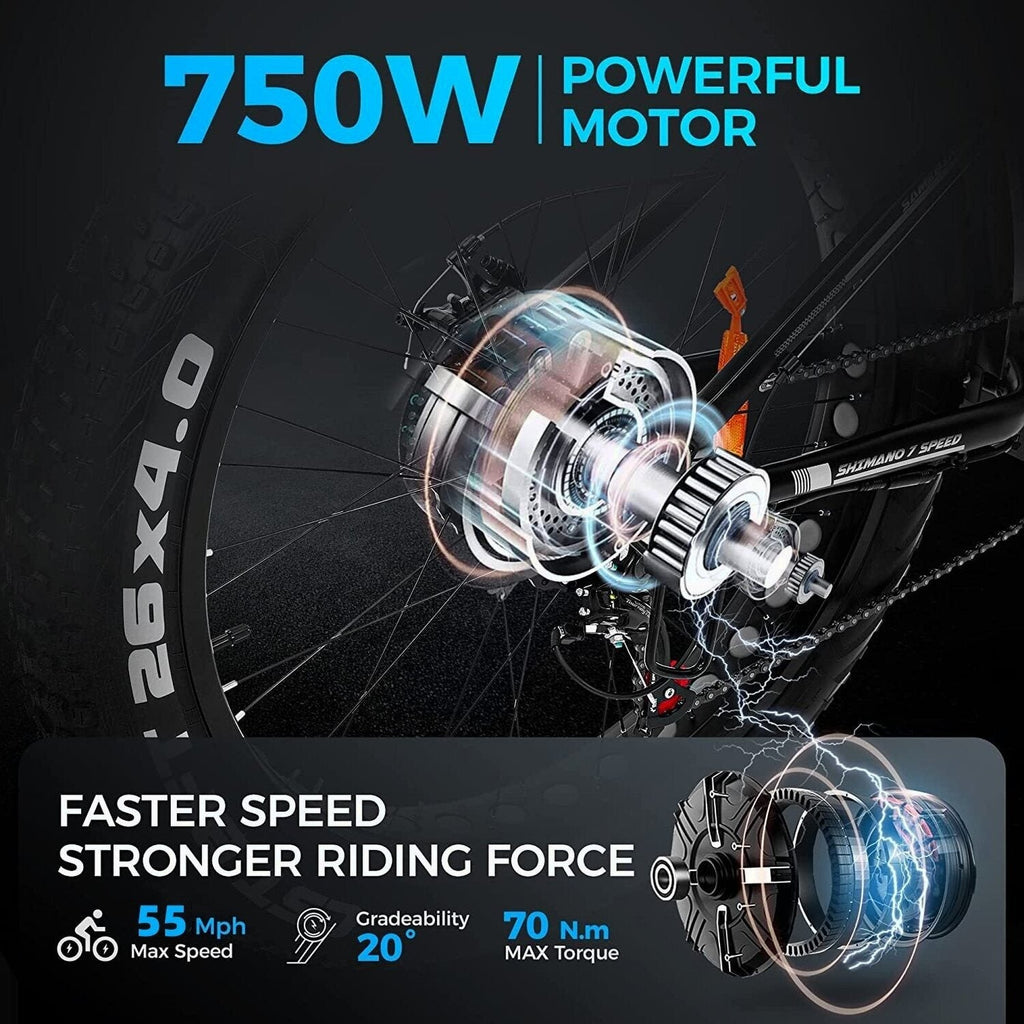Electric Mountain Bike, 750W, 48V/15Ah Battery, Shimano 7-Speed, Black