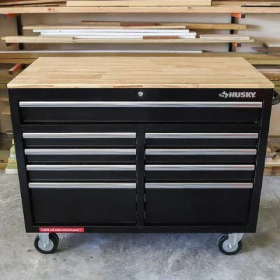 Husky Mobile Workbench With 9 Drawers, Hardwood Top And Power Connection, 117 cm W x 62 cm D - High-Gloss Black