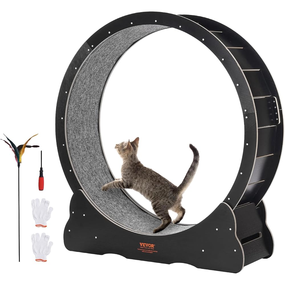 VEVOR Wooden Cat Exercise Wheel Treadmill, 43.3-Inch, Black