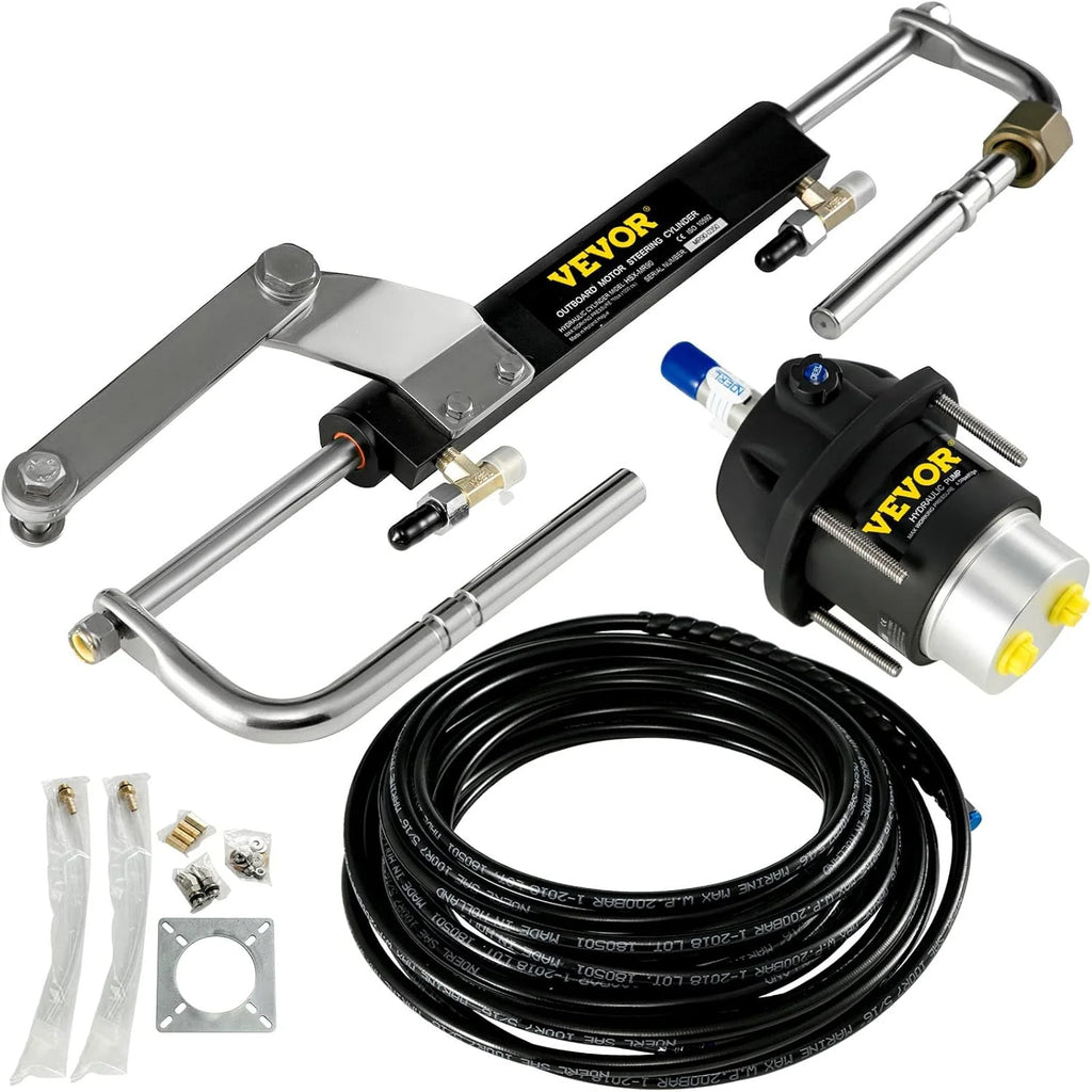 Hydraulic Outboard Steering System Kit, 90 HP, 20ft Hose, Black Aluminum