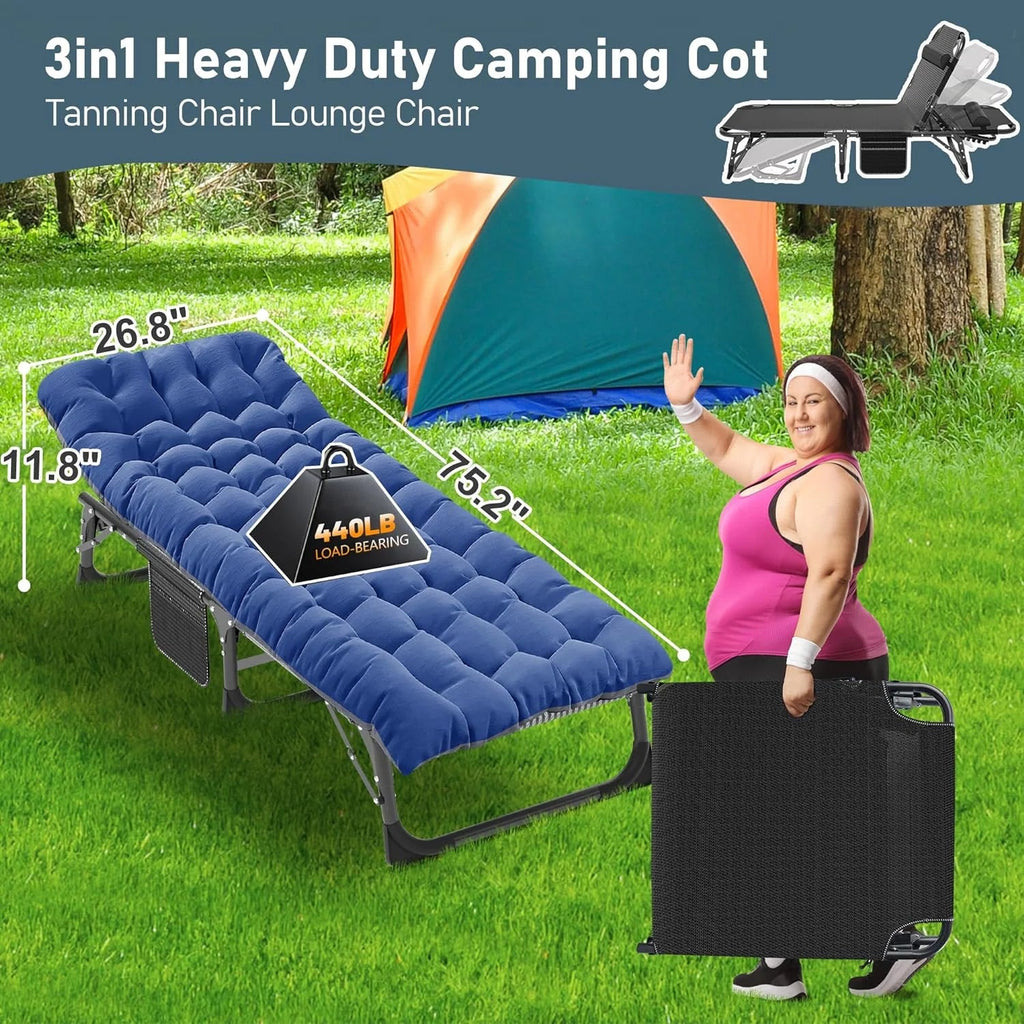 Slsy 5-Position Adjustable Folding Lounge Chair And Cot - 75.2" x 25.6" x 11.8"