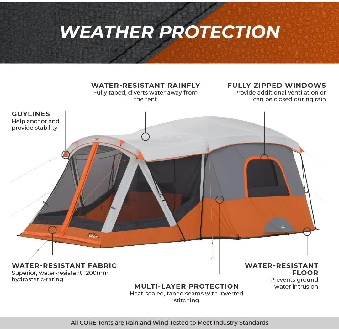 CORE 12 Person Straight Wall Cabin Tent, 16 x 11 Feet, Orange - SUVELAM