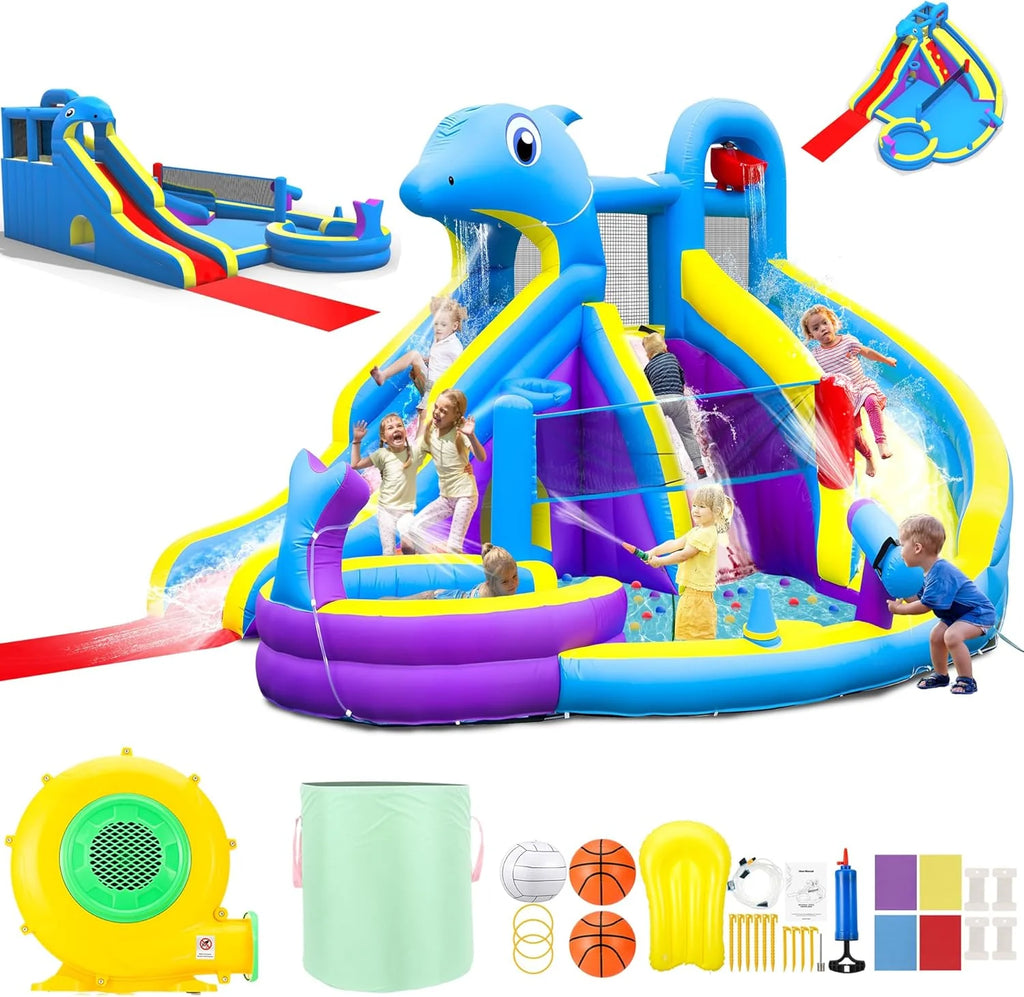 Dolphin Inflatable Water Slide Bounce House, 11-in-1, 2 Long Slides, 19.7 Ft x 13.1 Ft - 550W Blower