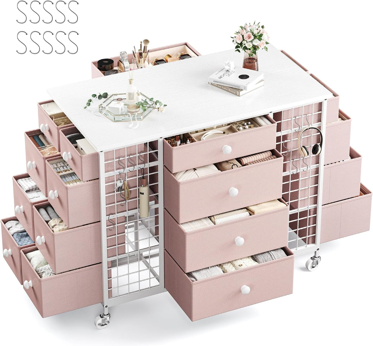 24-Drawer White Fabric Dresser With Wooden Top, Wheels And Hooks - 23.2in D x 40.1in W x 33.5in H