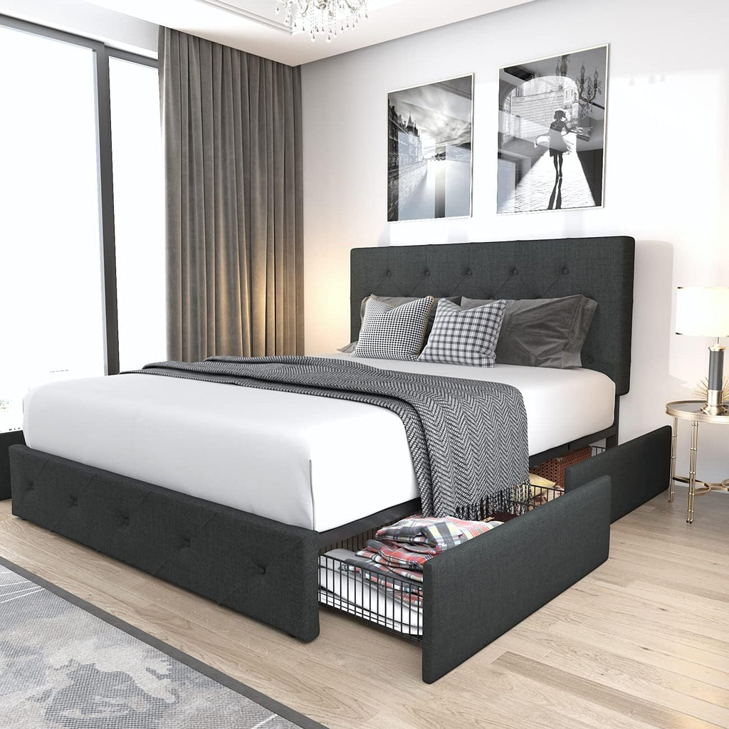 Queen Upholstered Linen Platform Bed Frame With 4 Storage Drawers, Light Grey - 83in L x 62.2in W x 42in H