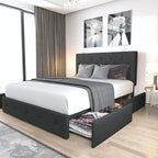 Queen Upholstered Linen Platform Bed Frame With 4 Storage Drawers, Light Grey - 83in L x 62.2in W x 42in H