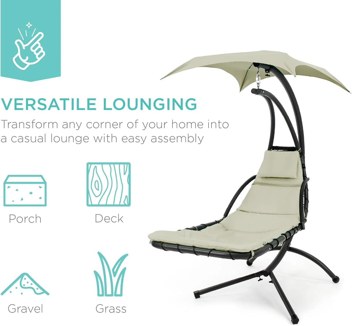 Best Choice Products Outdoor Hanging Steel Chaise Lounge Chair With Canopy, Charcoal Gray - SKY5871